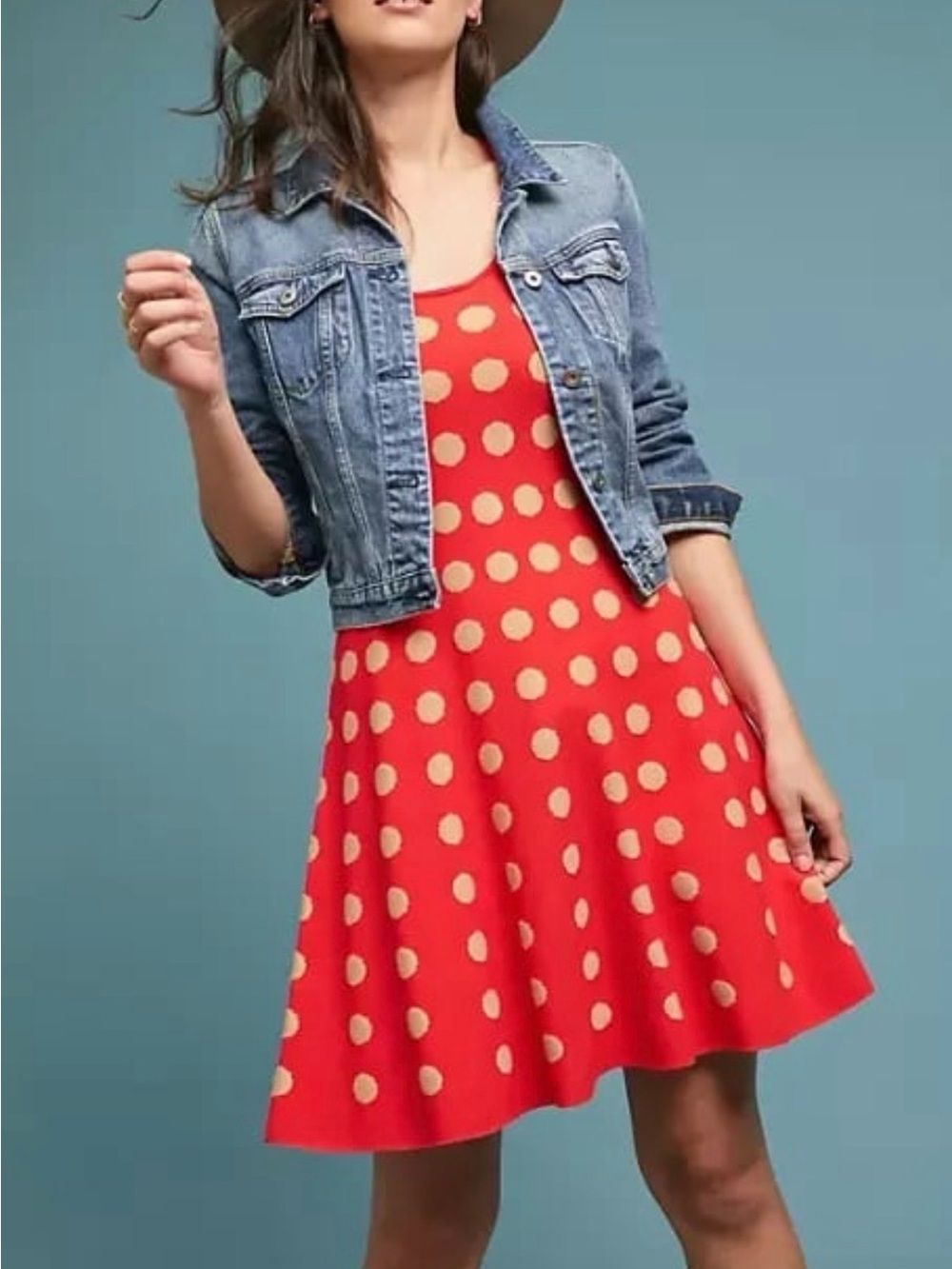 Anthropologie Maeve Tonal Polka Dot Sweater Mini Dress XXS Orange Beige Knit